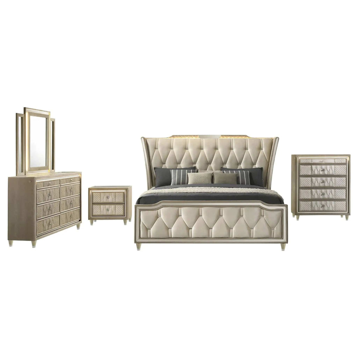 Lorient 5-piece Eastern King Bedroom Set Ivory and Camel | 5-Piece Set | Velvet & Tempered Glass | Bedroom