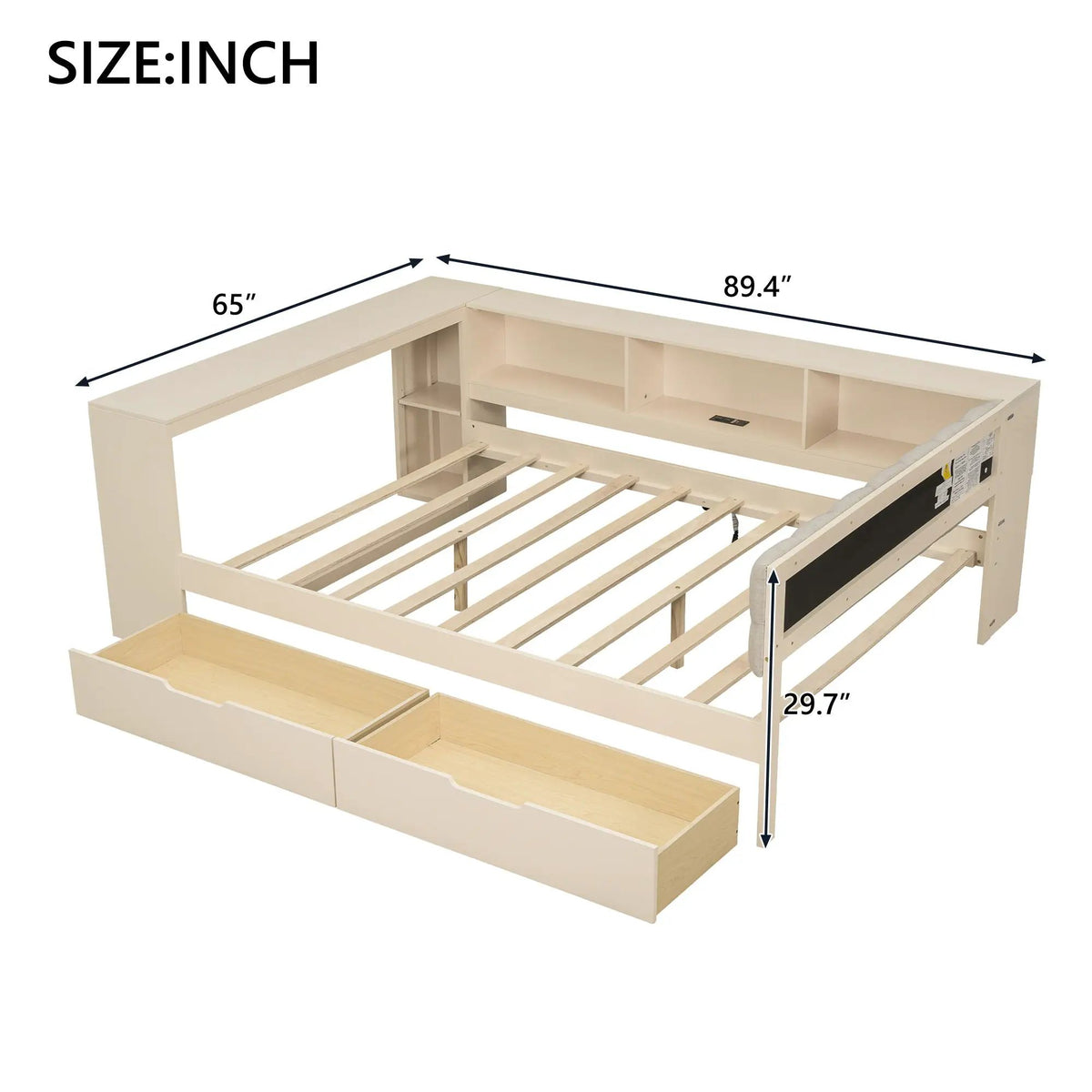 Upholstered Headboard Platform Bed | Storage Shelves | Two Drawers | Charging Station