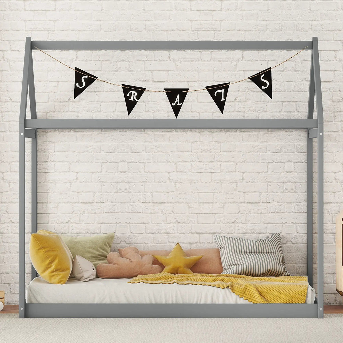 Wooden House Shaped Bed | Roof-Like Structure | Low Profile Design | 78.3 Inch Length