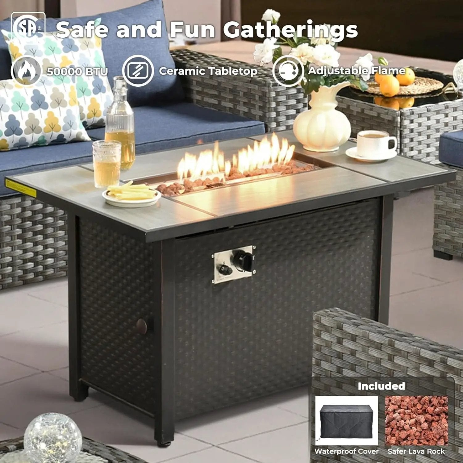 Modular Outdoor Wicker Sofa Set with Fire Pit Table from PriceLows™