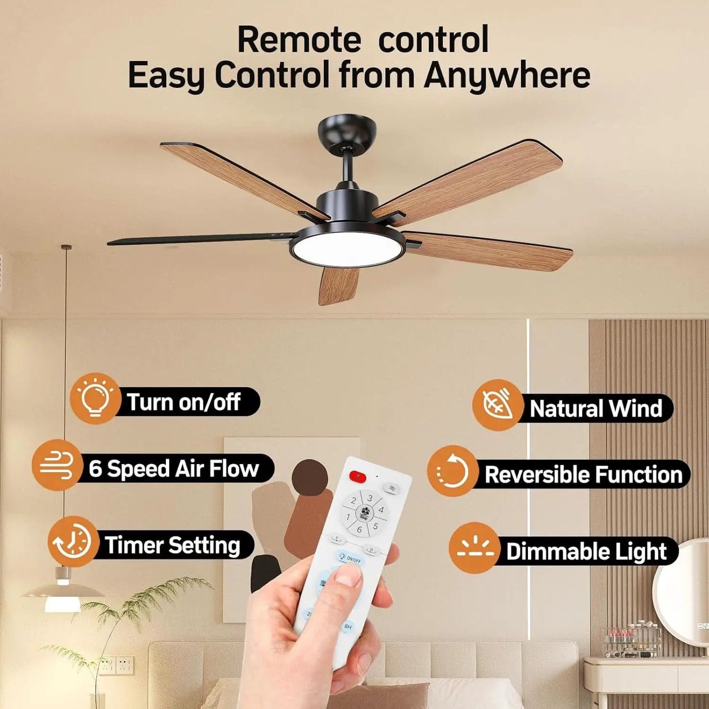 52 Inch Black Ceiling Fan With LED Light And Remote from PriceLows™