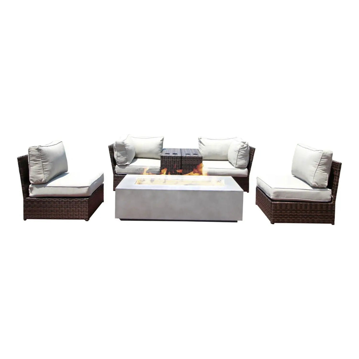Outdoor Conversation Set | Fire Pit Included | 5 Inch Olefin Cushions | Espresso HDPE Wicker