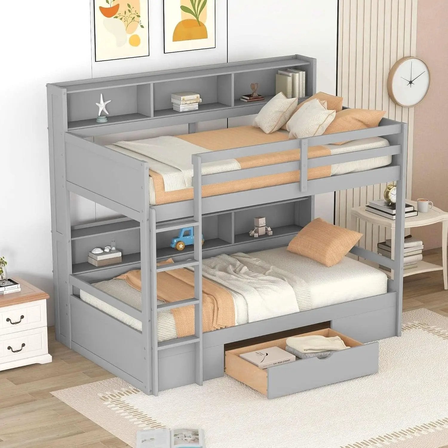Gray Twin Over Twin Bunk Bed With Storage Drawers Shelves from PriceLows™
