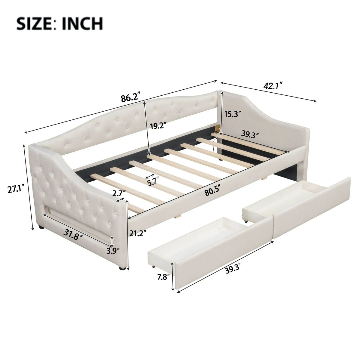 Daybed With LED Lights | Upholstered Trundle Daybed | Thickly Padded Sponge | 84 Inch Length