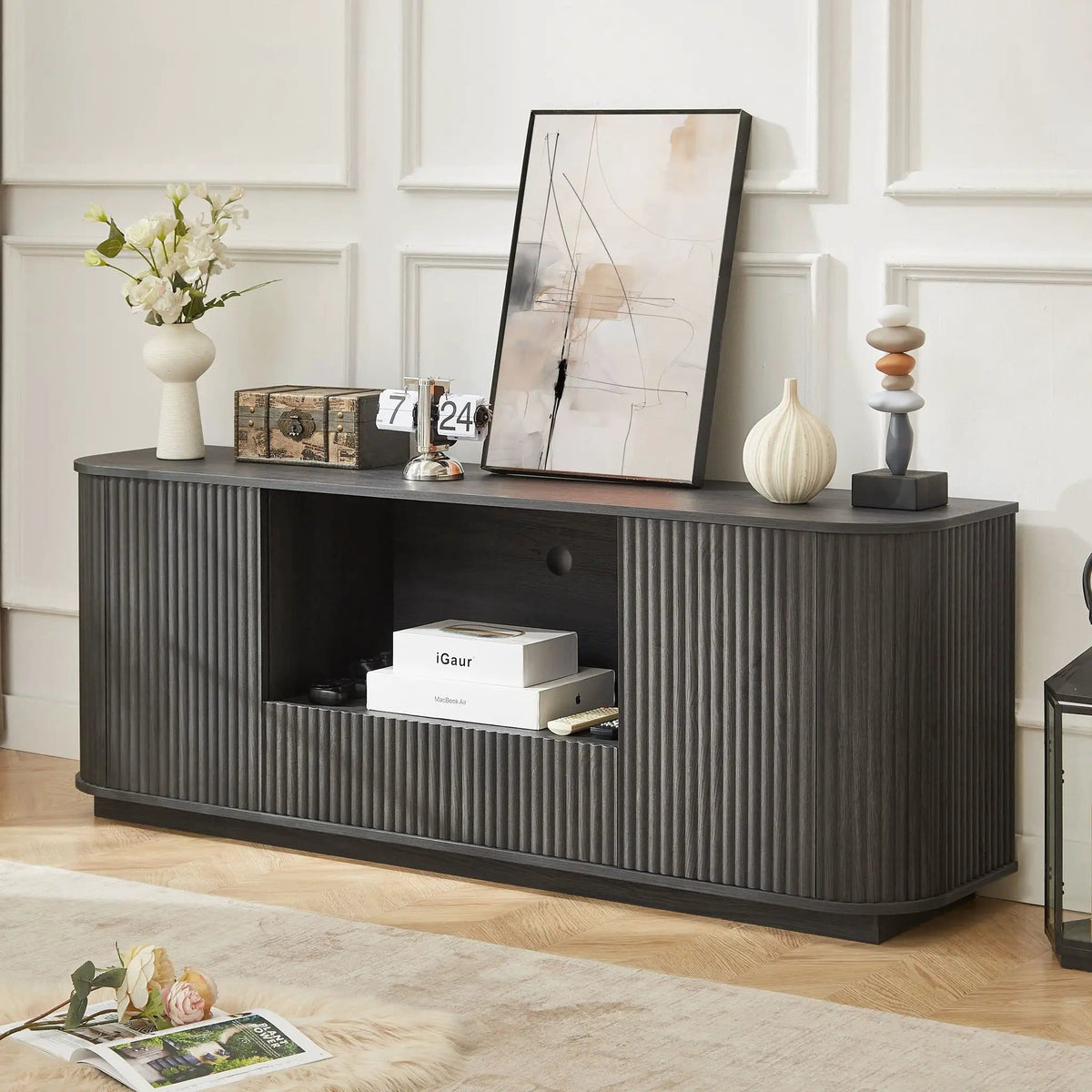 Modern Wavy TV Stand Rounded Sideboard With Storage Cabinet | 2 Pieces | Particleboard | Dining Room