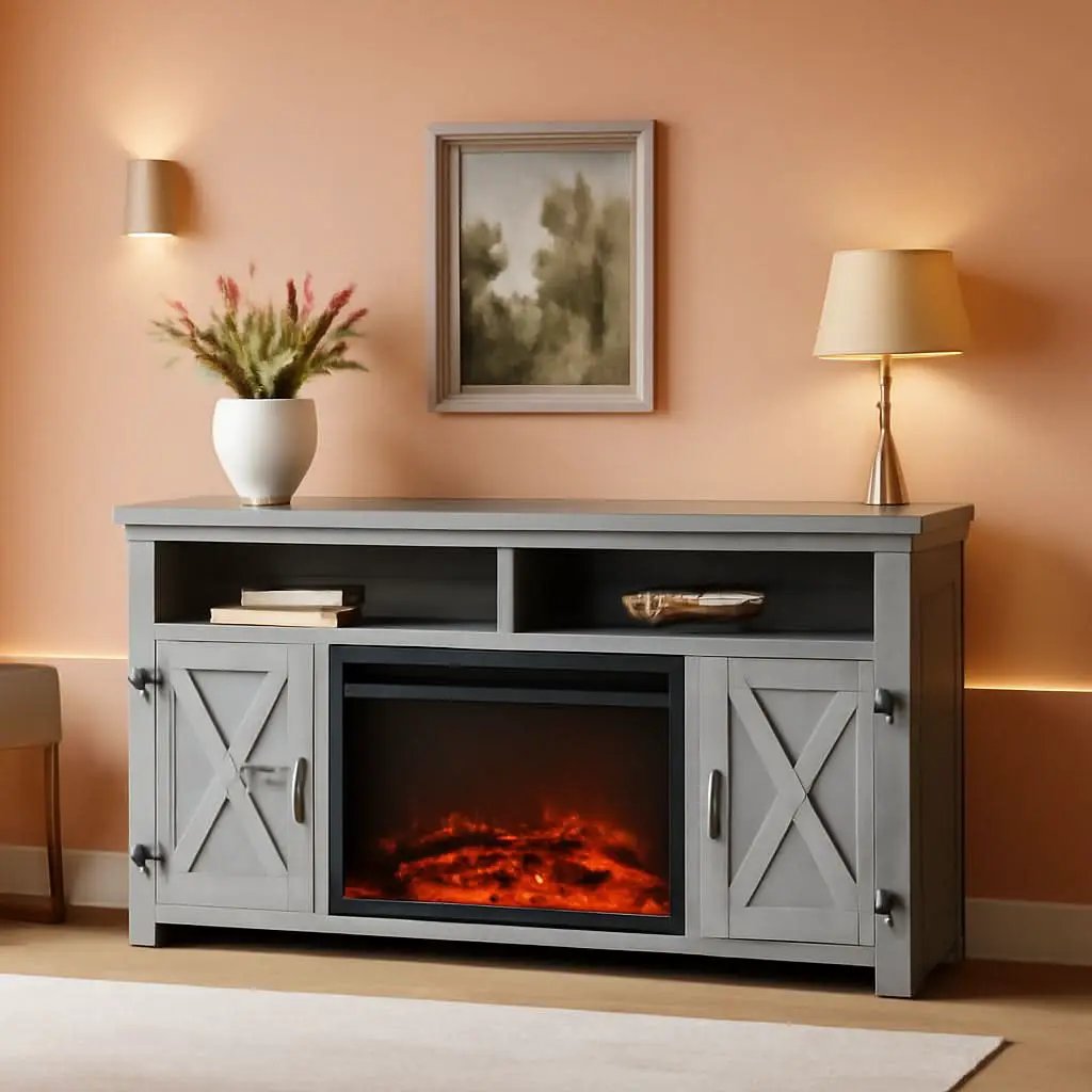 Rustic Fireplace TV Stand 65 Inch with Barn Doors Grey Wash from PriceLows™