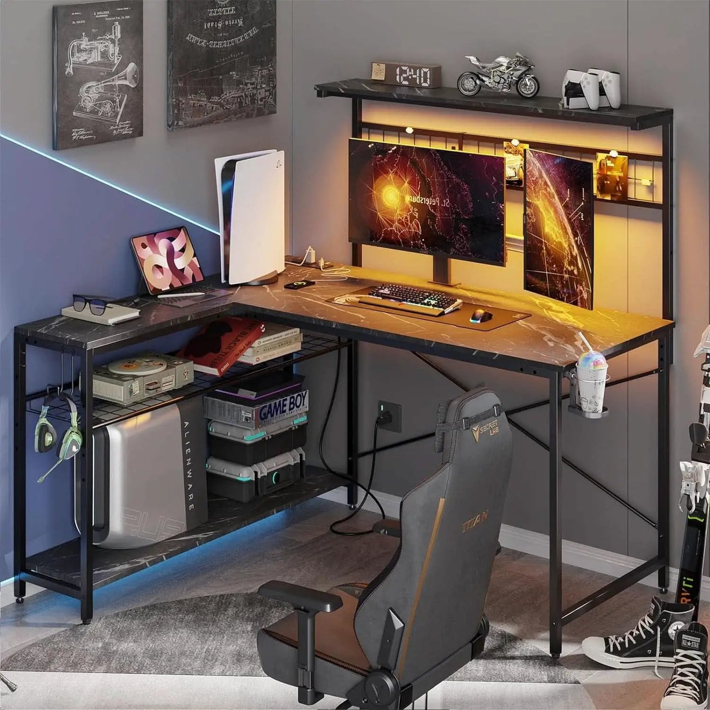 51 Inch L Shaped Gaming Desk With LED Lights 4 Tier Shelves from PriceLows™
