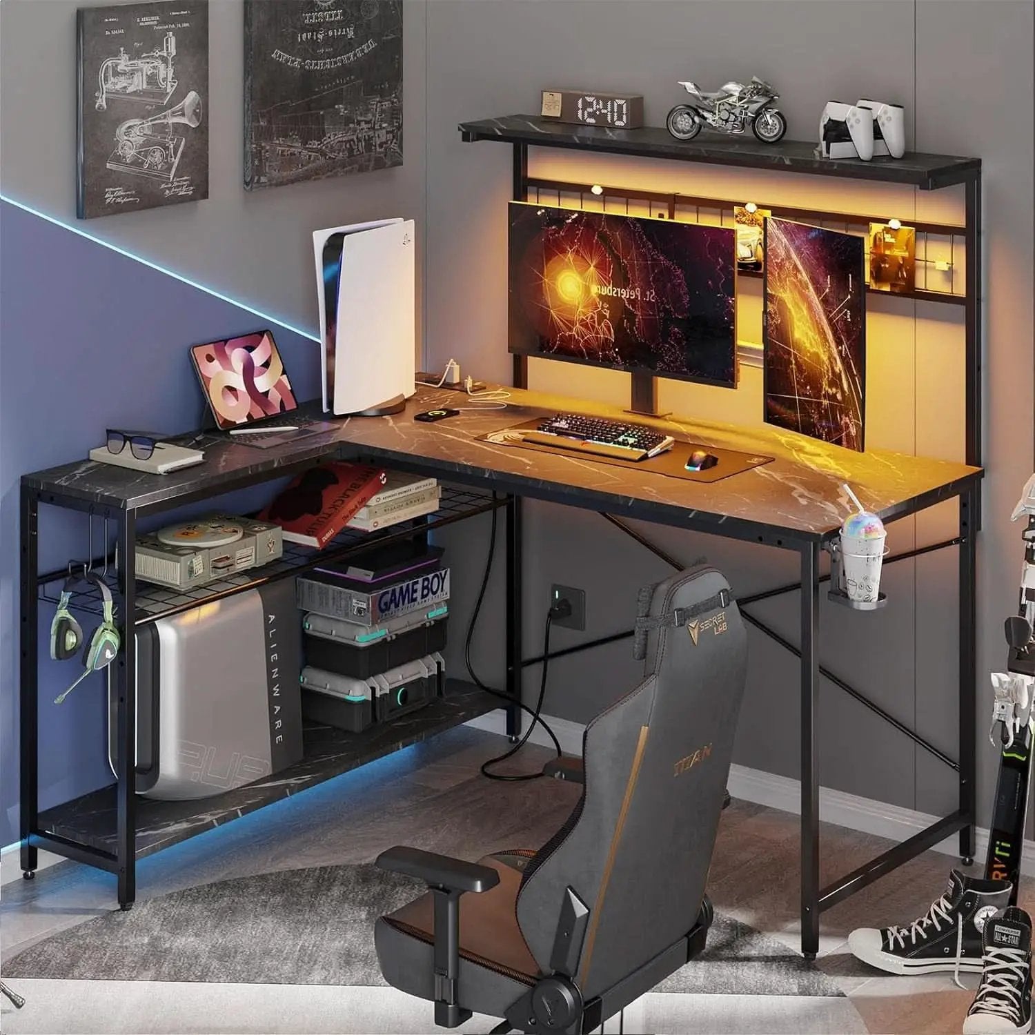 51 Inch L Shaped Gaming Desk With LED Lights 4 Tier Shelves from PriceLows™