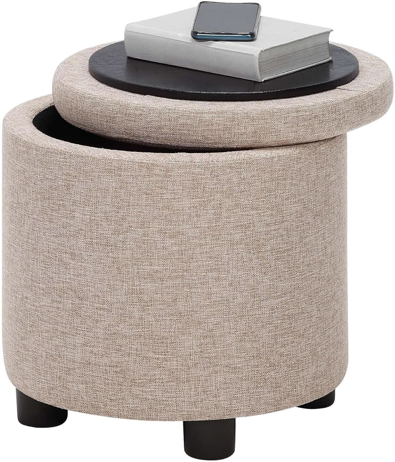 Round Storage Ottoman Upholstered Removable Tray Lid from PriceLows™