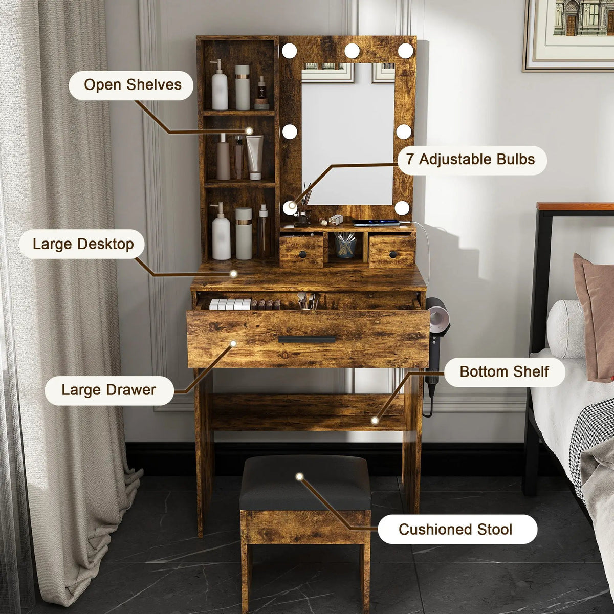 Vanity Table | LED Mirror | Power Outlet | Includes Stool