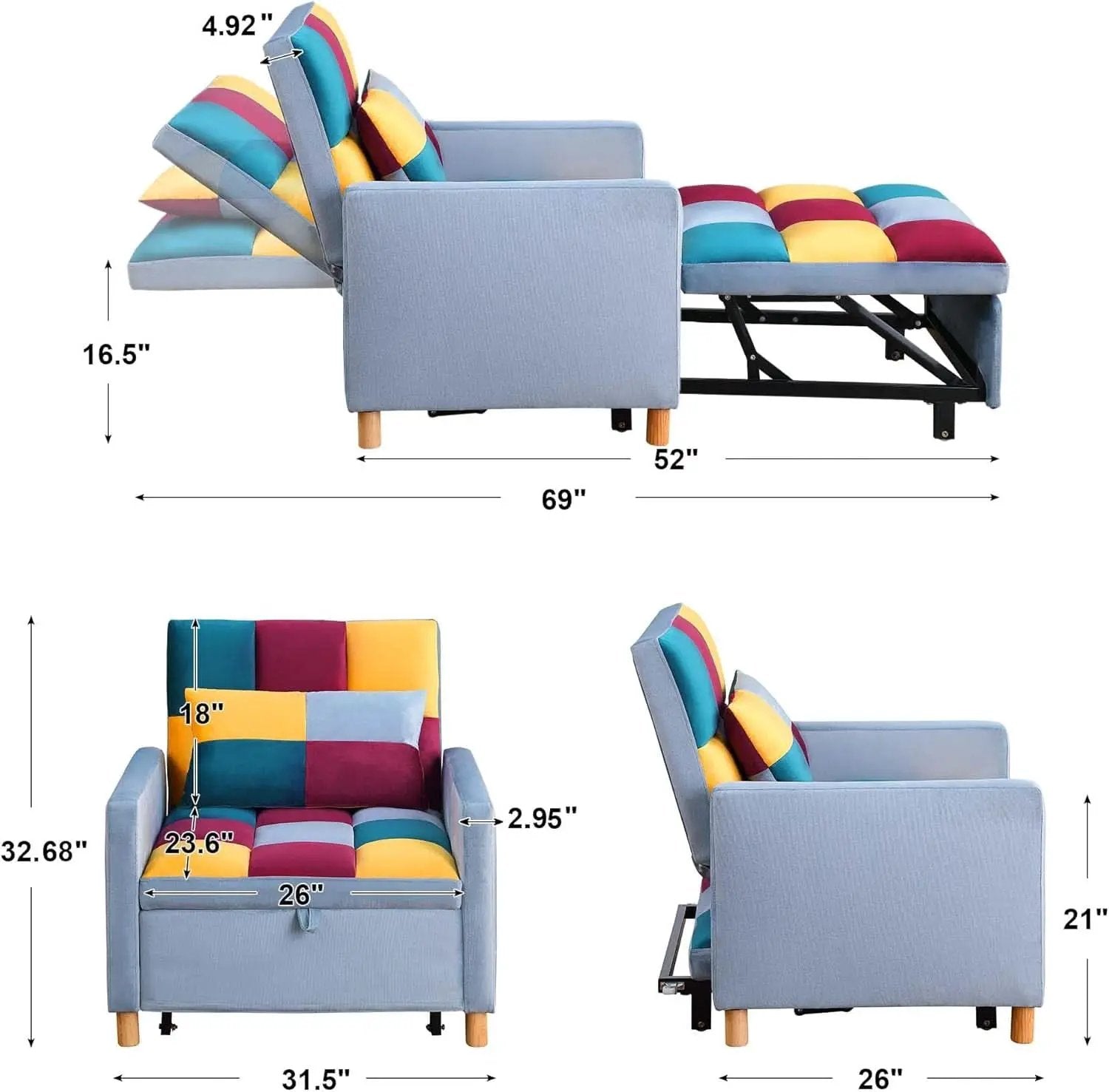 Convertible Sleeper Sofa Chair Rainbow 3In1 Compact from PriceLows™
