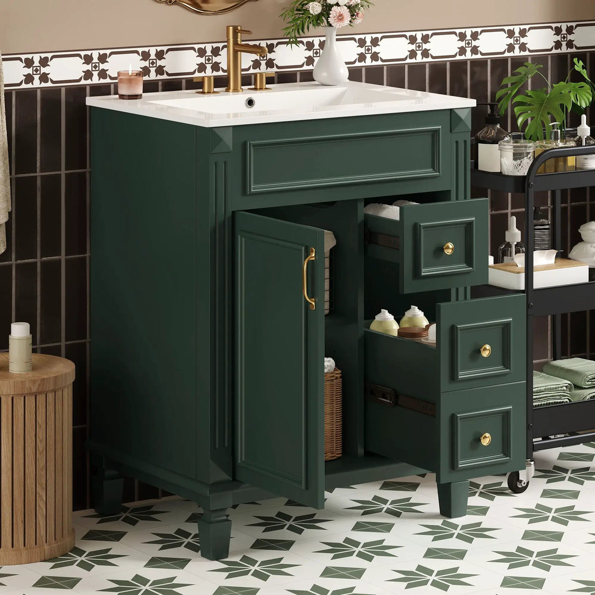 24 Inch Compact Bathroom Vanity | 2 Deep Drawers | Adjustable Shelf | Retro Button Handles