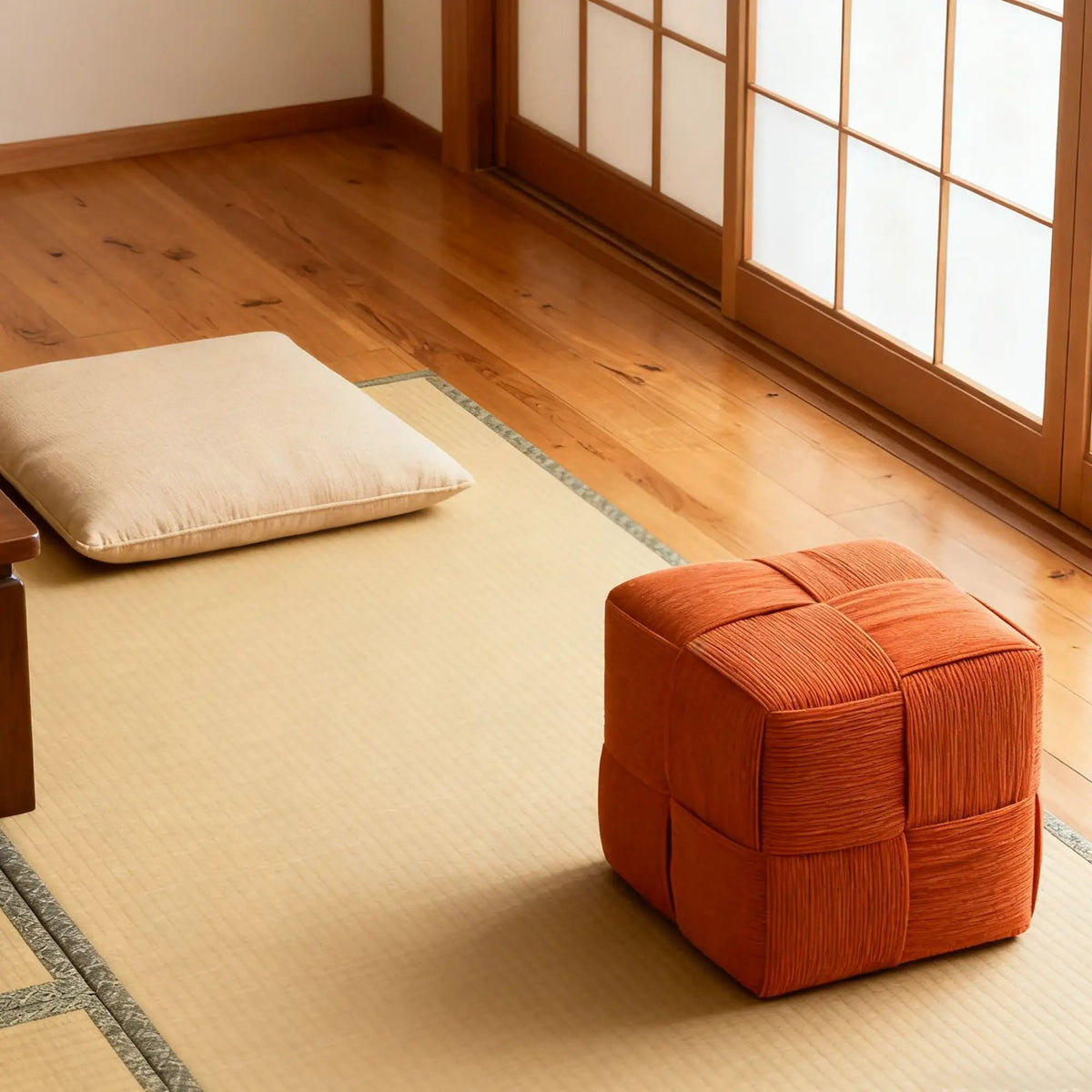 Modern Ottoman Foot Rest | Woven Design | Engineered Wood Frame | 14.2 Inch Cube