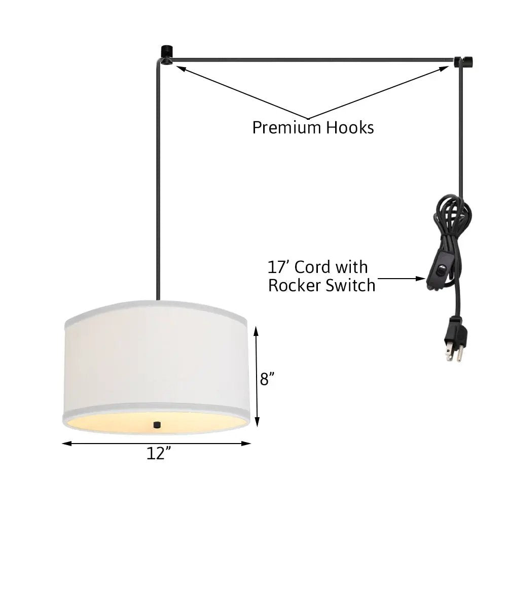 2 Light Swag Plug-In Pendant | White Linen | Black Cord, 18W