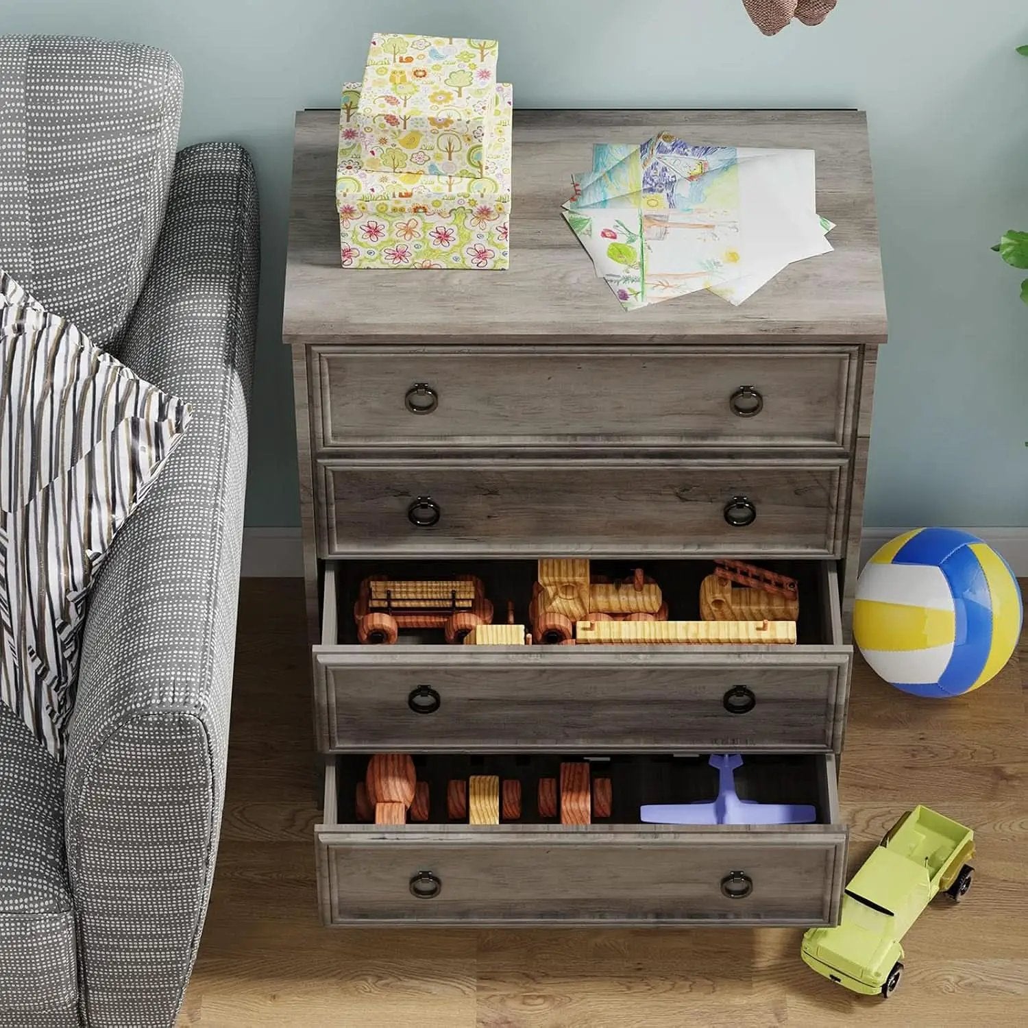 Gray 4 Drawer Dresser With ModernArchitectural Storage from PriceLows™