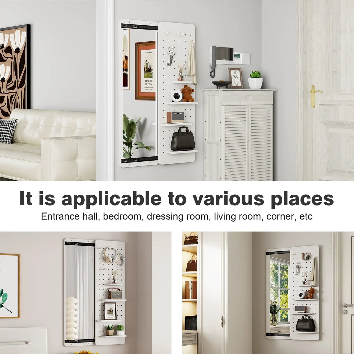 Wall Mounted Full Length Mirror | Shelf And Hook | Solid Rubber Wood | Push-Pull Removable Panel