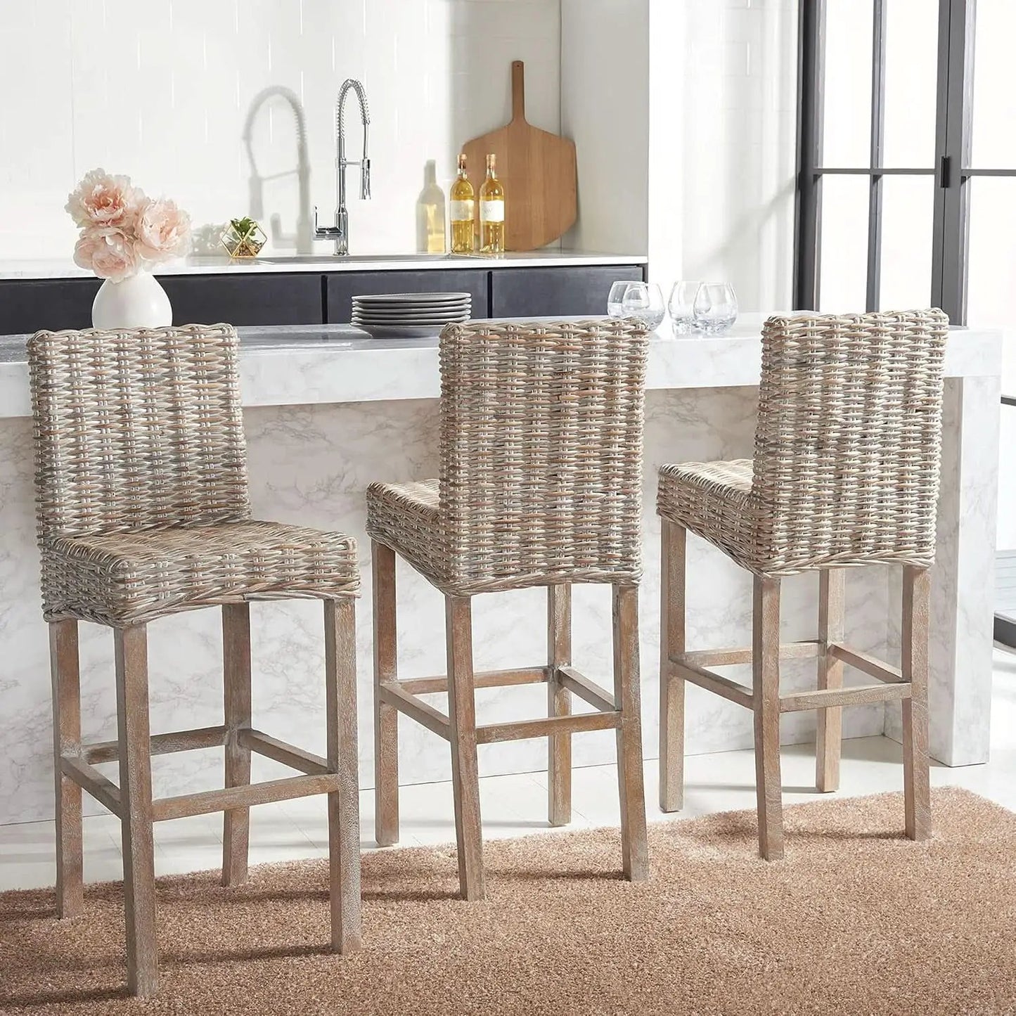 Grey Wash Rattan 30 Inch Bar Stool With Parsons Legs from PriceLows™