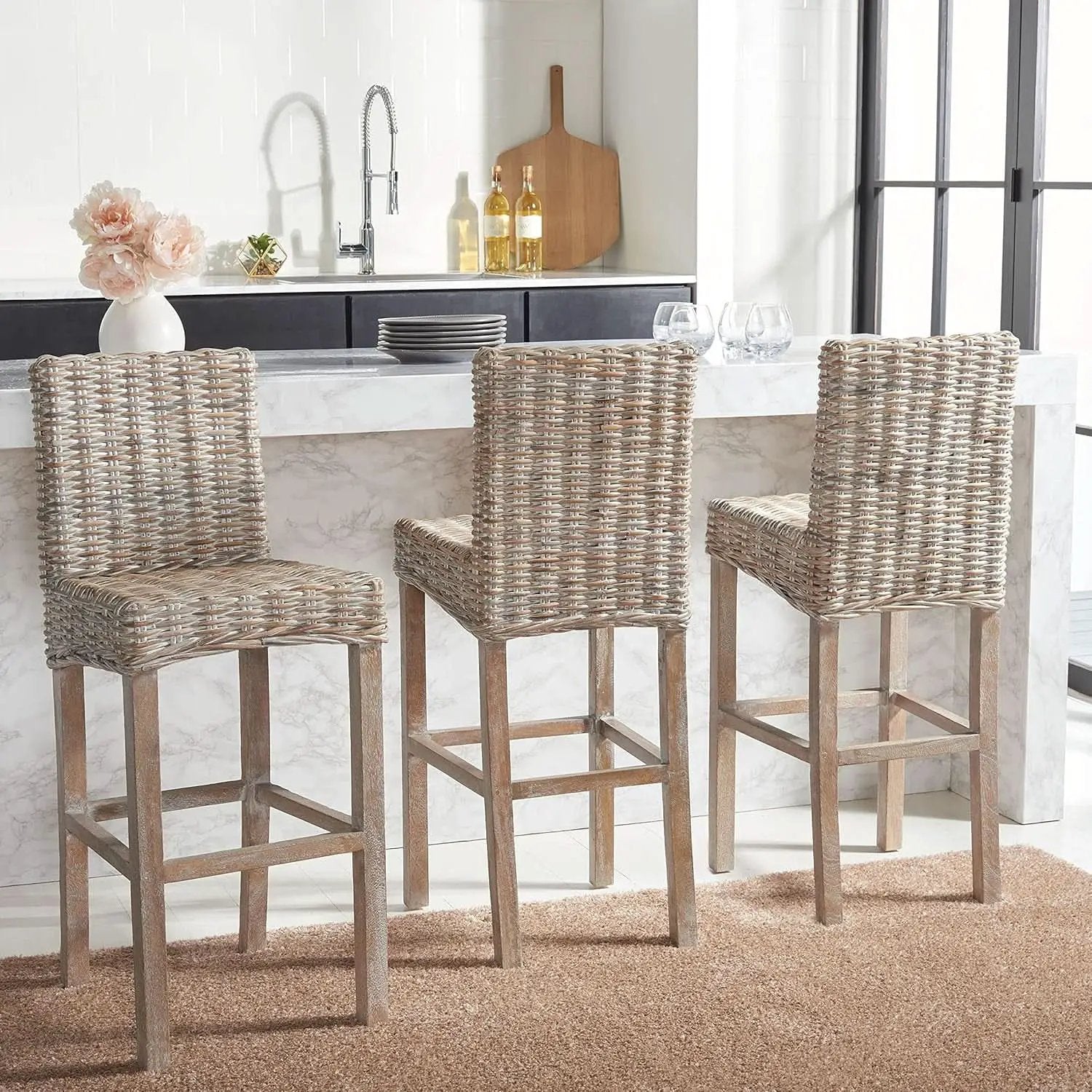 Grey Wash Rattan 30 Inch Bar Stool With Parsons Legs from PriceLows™