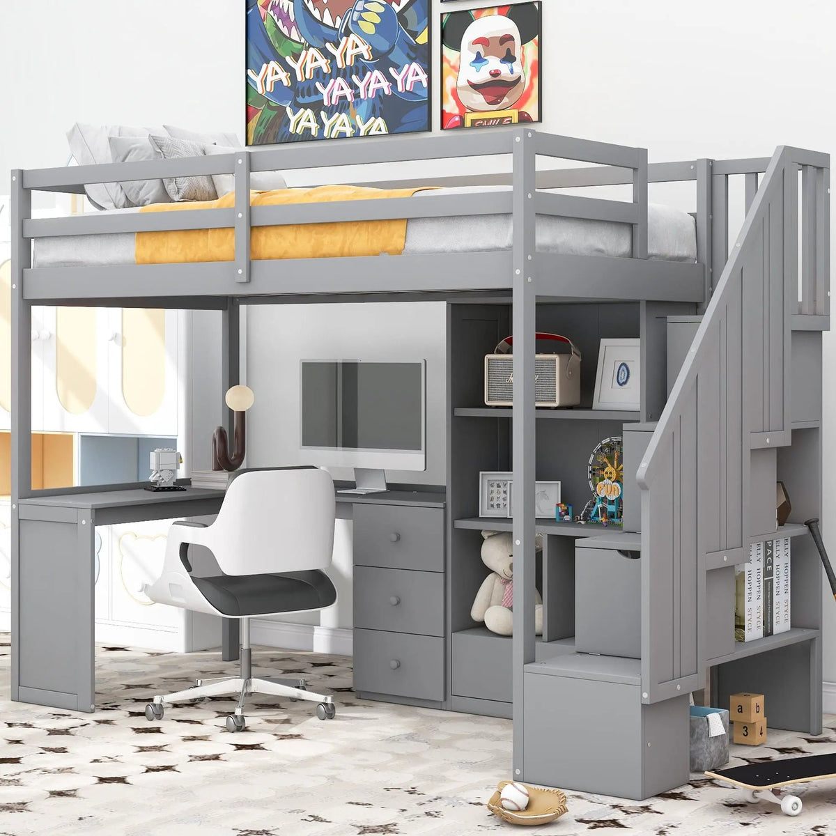 Loft Bed | L Shaped Desk | Storage Staircase | Built In Drawers