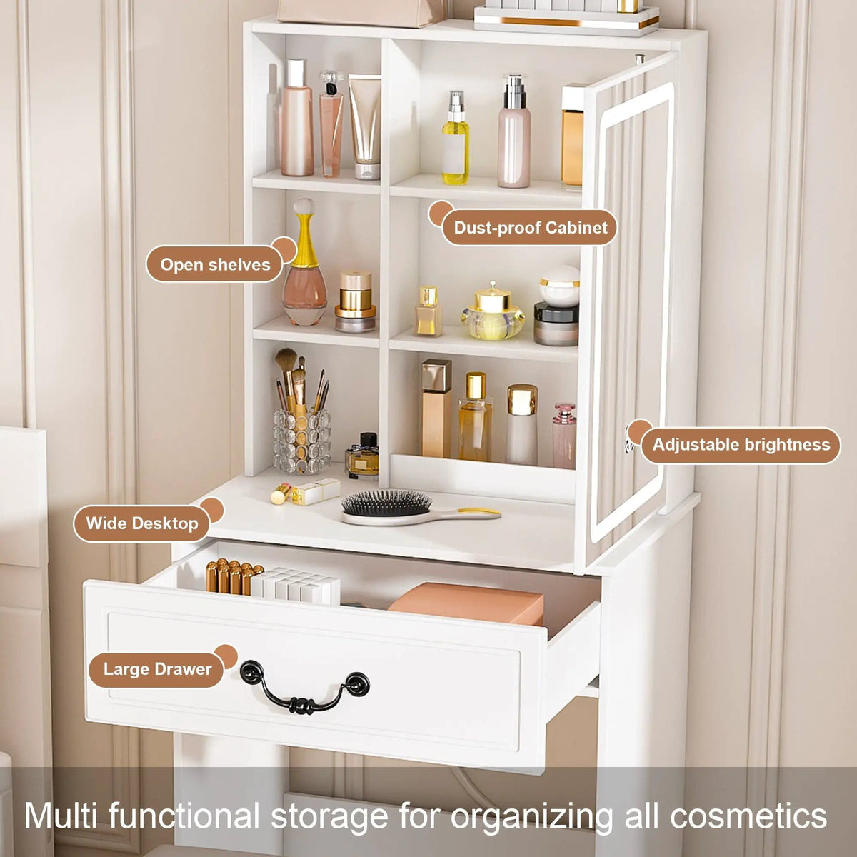 Dressing Table | Led Mirror Light | Adjustable Brightness | White Compact