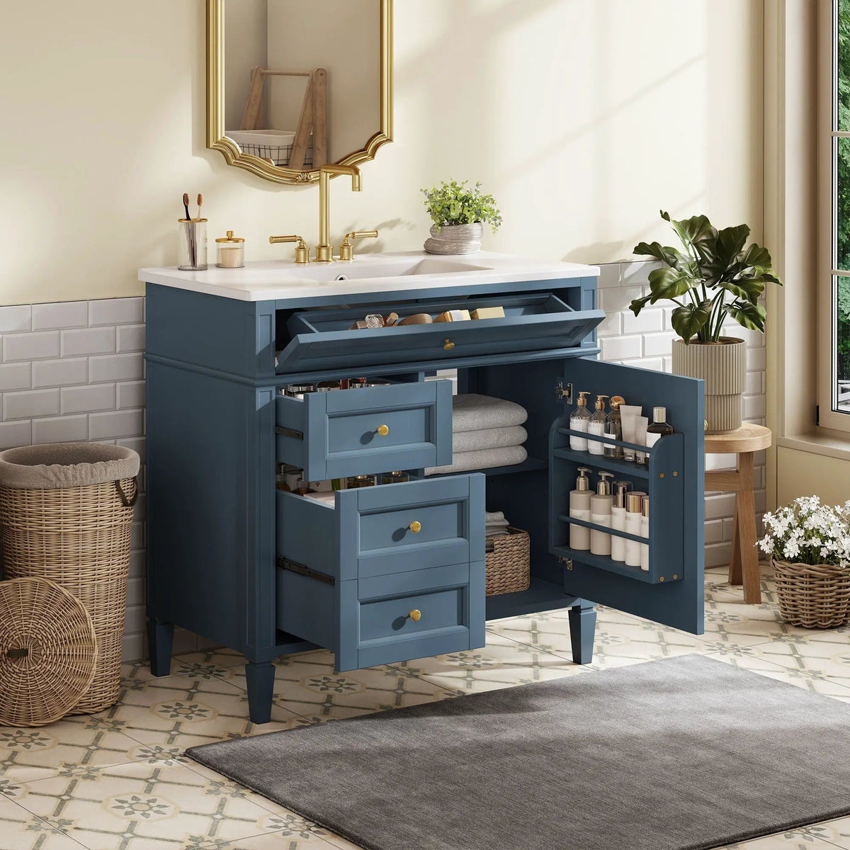 36 Inch Bathroom Vanity With Top Sink | 3 Drawers | Metal Drawer Slides | Ceramic Sink