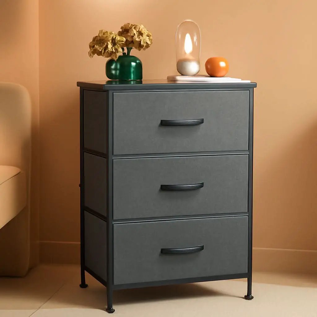 Dark Grey Dresser With 3 Drawers, Steel Frame, Wood Top from PriceLows™