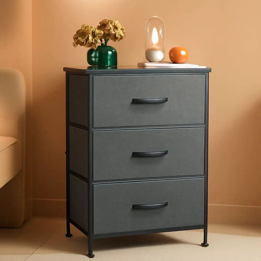 Dark Grey Dresser With 3 Drawers, Steel Frame, Wood Top from PriceLows™