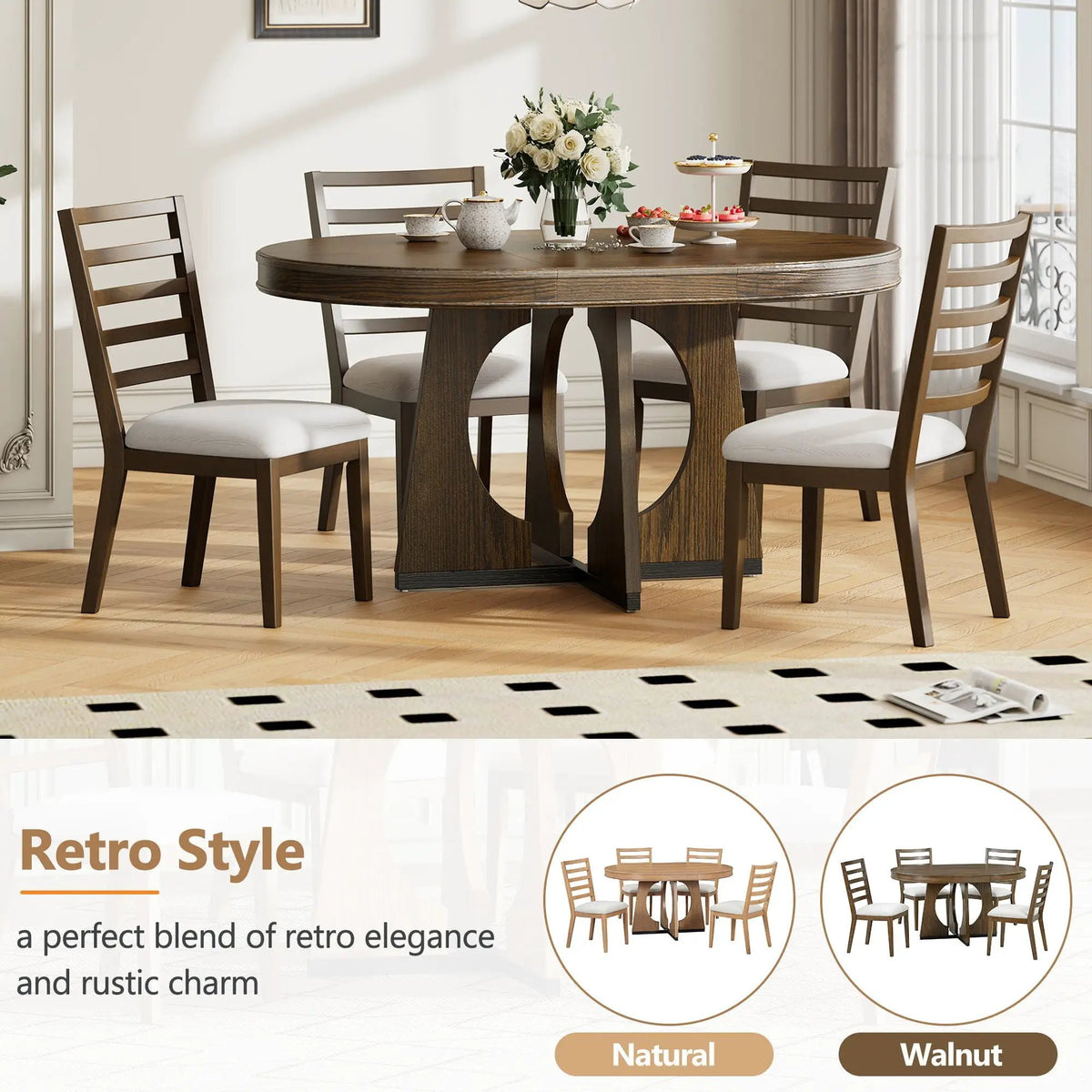 Round Dining Table Set | Extendable Top | 4 Chairs Included | 4 Seater