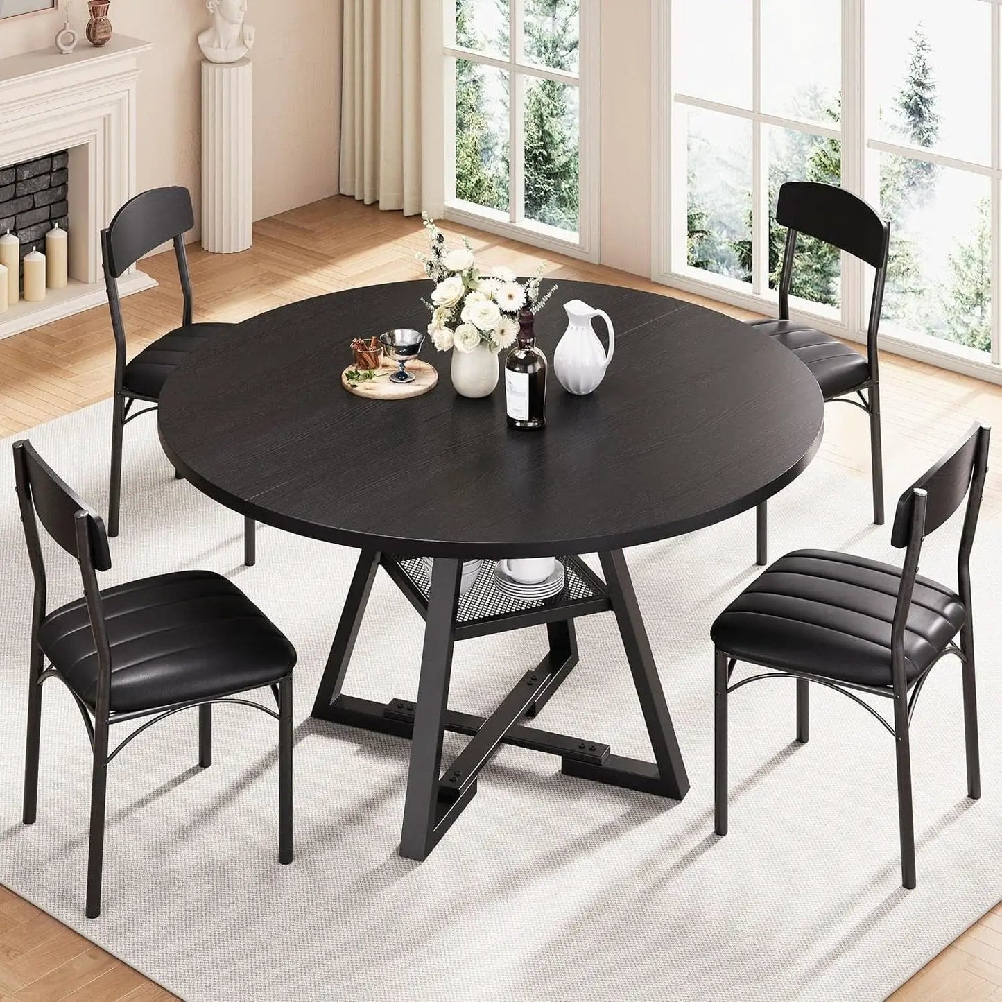 Round Circular Dining Table Set Black Diameter47Inches from PriceLows™