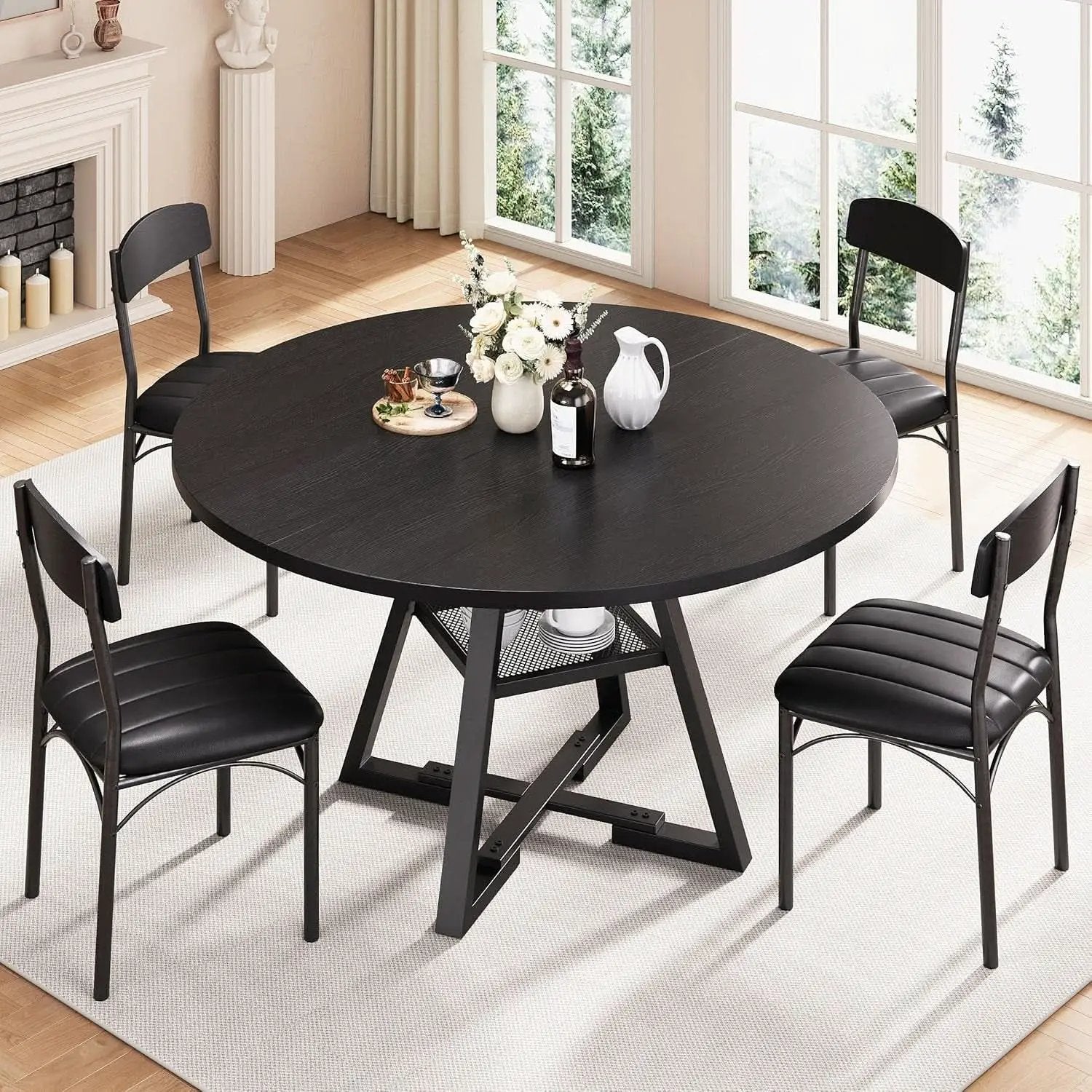 Round Circular Dining Table Set Black Diameter47Inches from PriceLows™