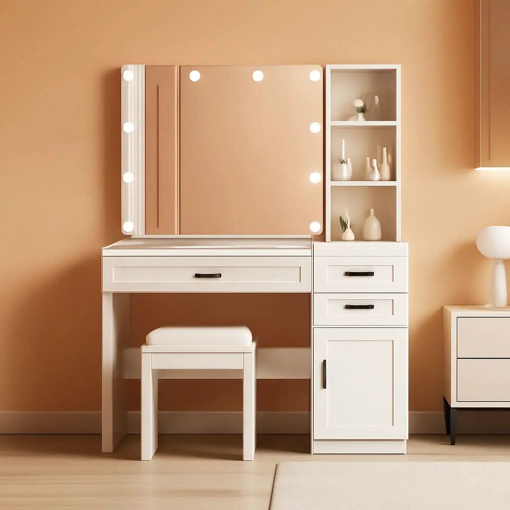 White Vanity Table Set With Glass Top Hollywood Mirror from PriceLows™