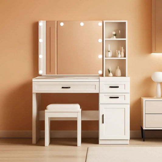 White Vanity Table Set With Glass Top Hollywood Mirror from PriceLows™