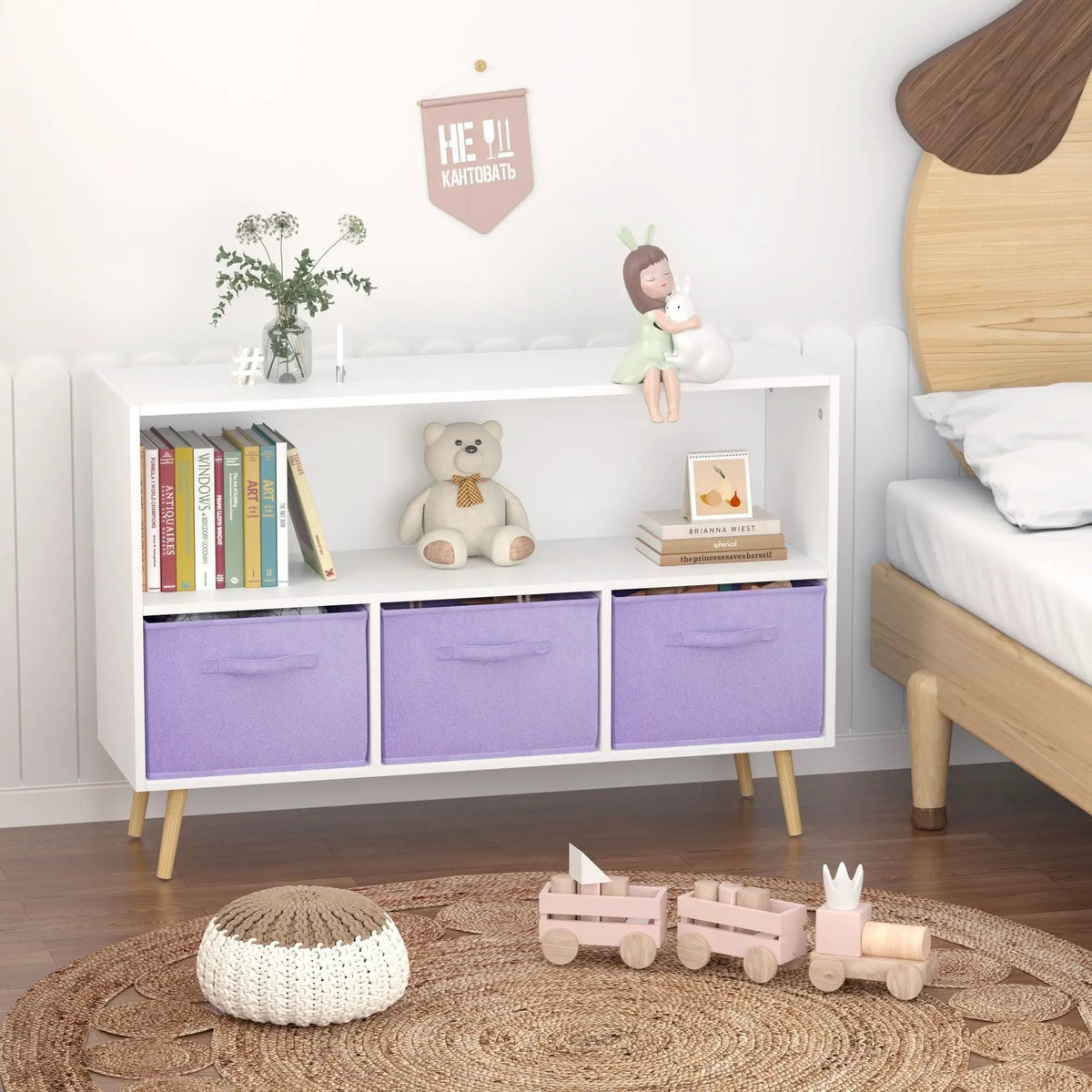 Bookcase With Collapsible Drawers | Three Fabric Drawers | Tip-Over Restraint | Book Display Organizer