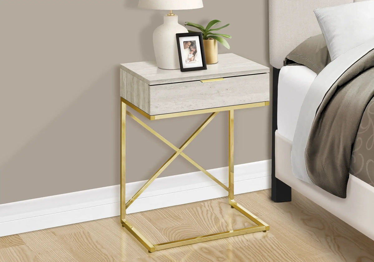 Accent Side Table | Spacious Tabletop | Storage Drawer | Metal Frame