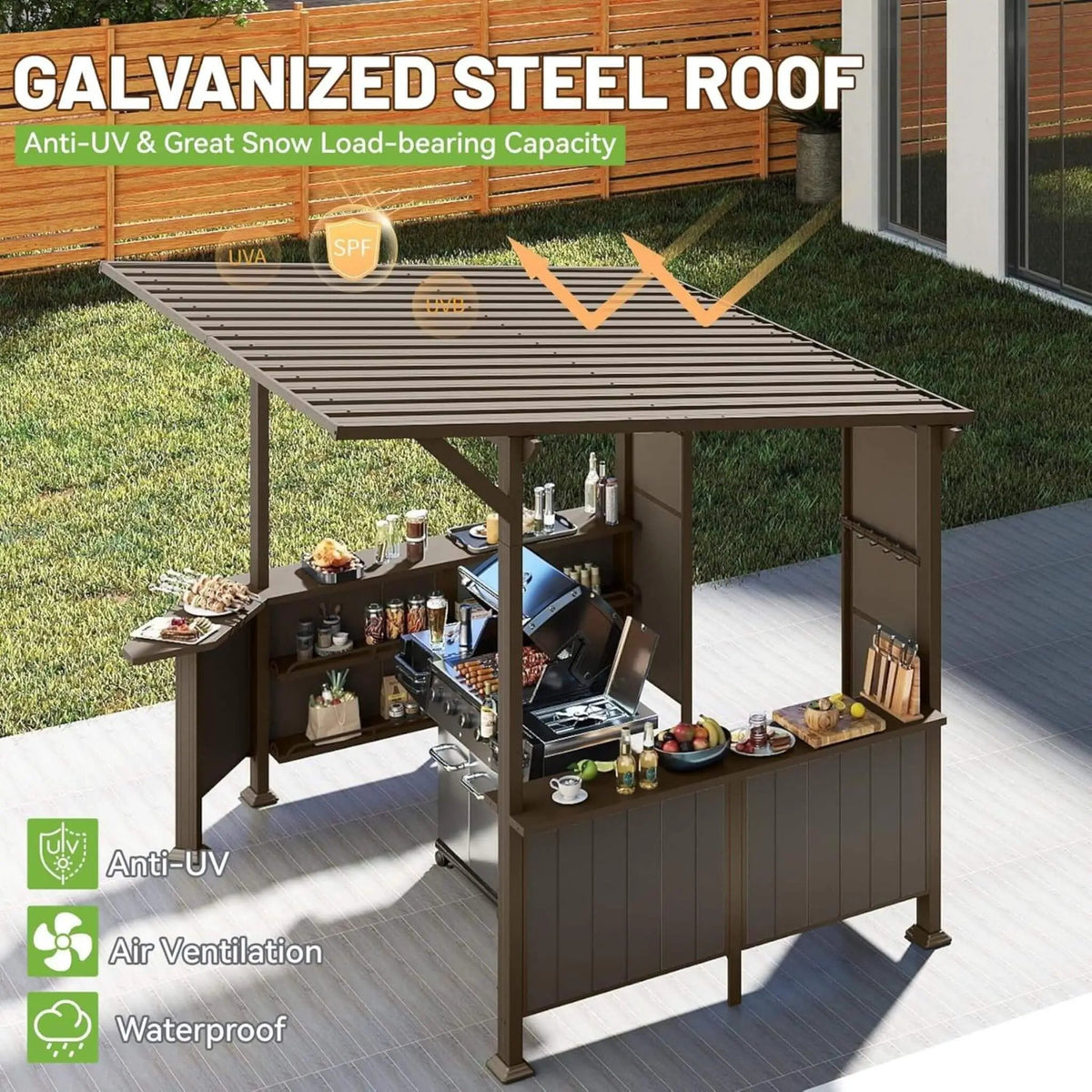 Hardtop Grill Gazebo | 9x10 Ft Footprint | Galvanized Steel Roof | Single-Slope Smoke Control