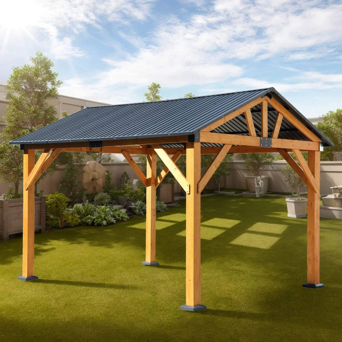 Heavy-Duty All-Weather Hardtop Wooden Carport Gazebo With Galvanized Steel Roof | Steel | Home Use | Home
