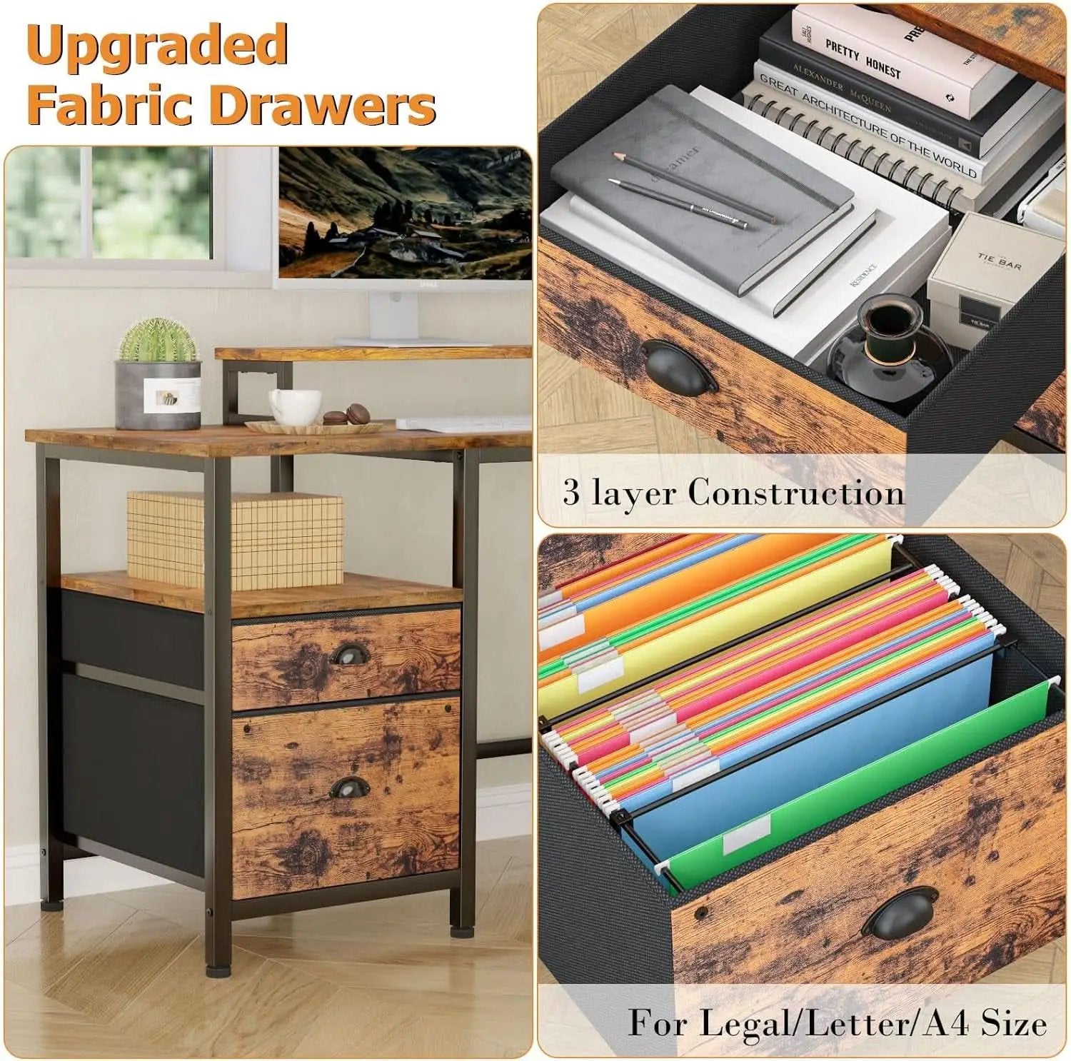 66 Inch Rustic Brown L Shaped Desk With Power Outlet from PriceLows™