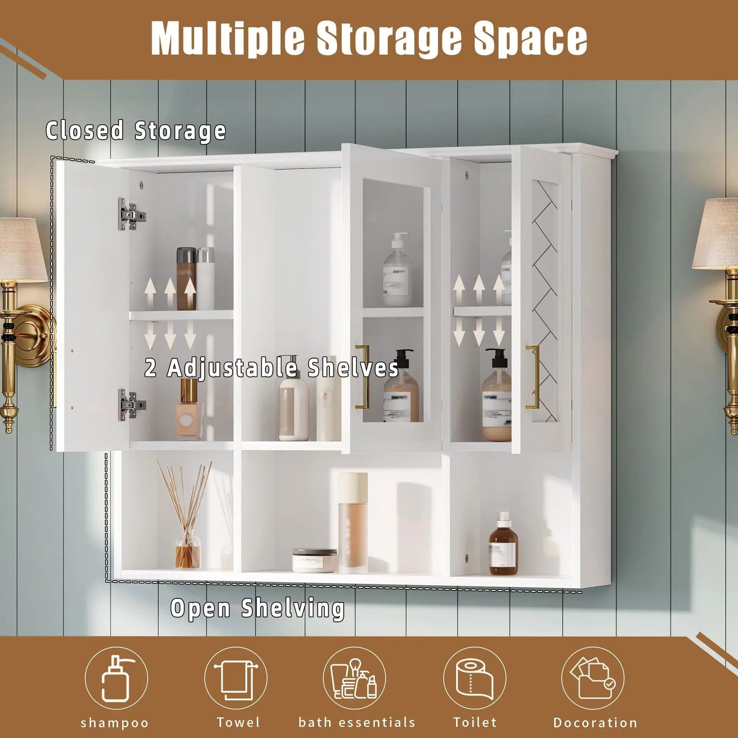 Modern Wall Mounted Medicine Cabinet With Adjustable Shelves, Soft Close Doors, High Define Mirror from PriceLows™