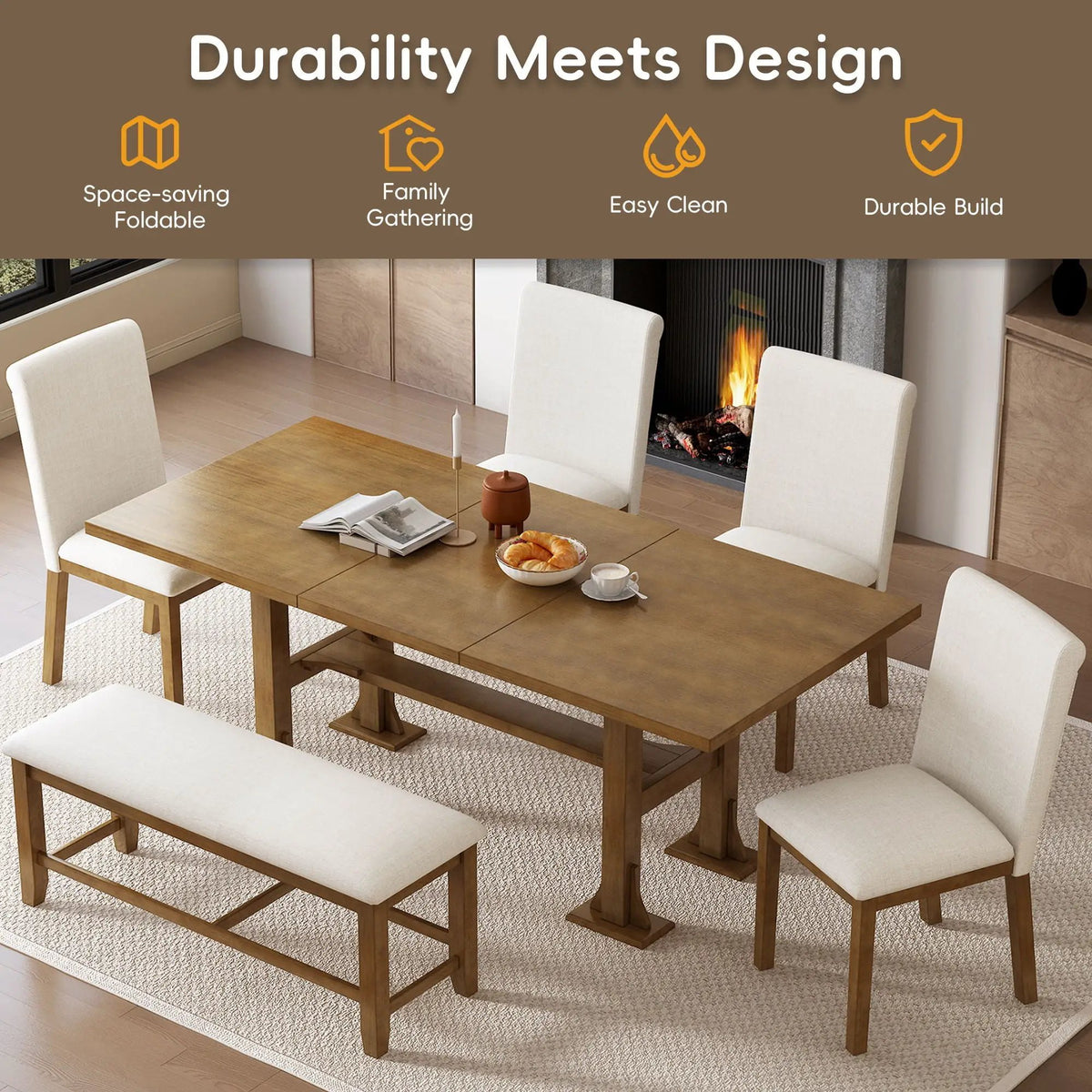 Farmhouse Dining Table Set | Solid Wood | Removable Leaf | 6 Piece