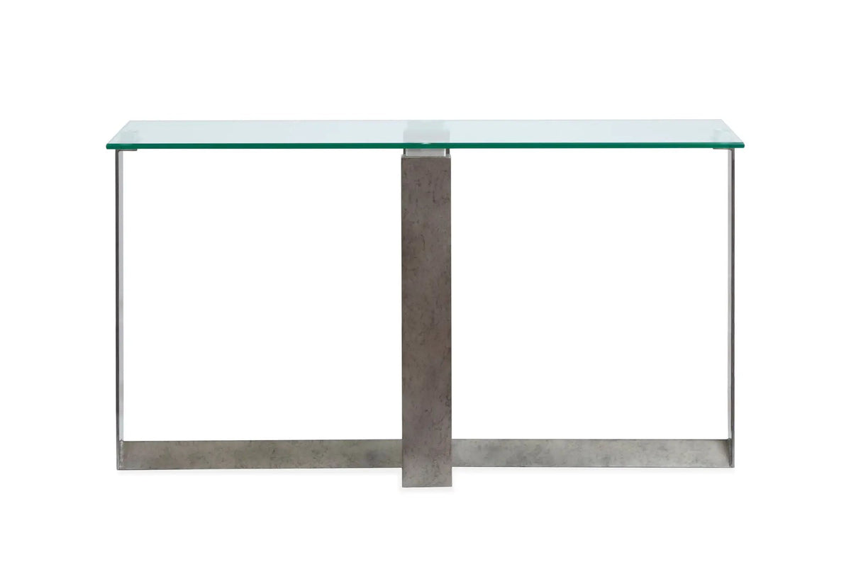 Holden Rectangular End Table | Aged Pewter Metal Frame | Tempered Glass Top | Triangular Base