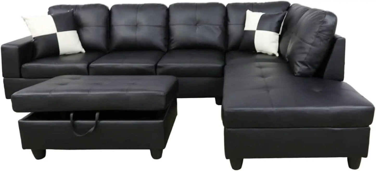 Faux Leather L Shaped Sectional Sofa Black 103 Inch Wide With Ottoman from PriceLows™