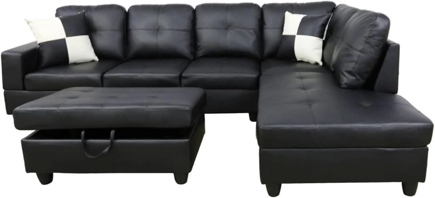 Faux Leather L Shaped Sectional Sofa Black 103 Inch Wide With Ottoman from PriceLows™