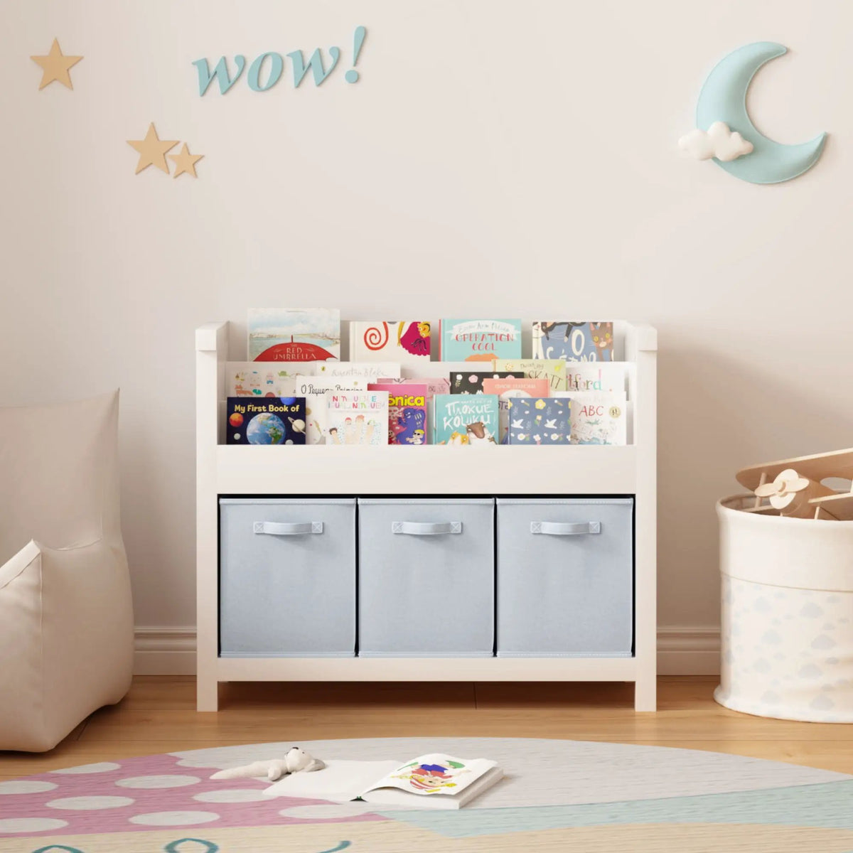 Kids Bookshelf | 3 Tier Front Facing | 3 Fabric Bins | White