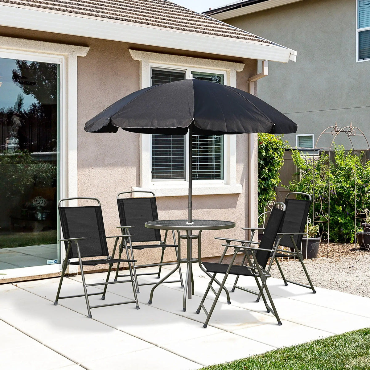 Outsunny Patio Dining Set | 6-Piece | Table With Umbrella | Folding Chairs