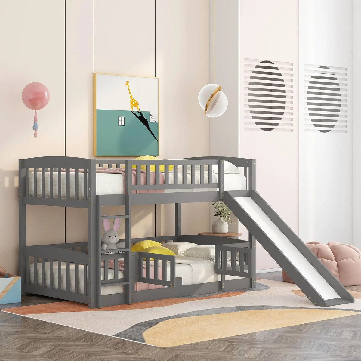 Low Bunk Bed With Slide | Fence And Ladder | Built-In Play Area | Kids Bedroom