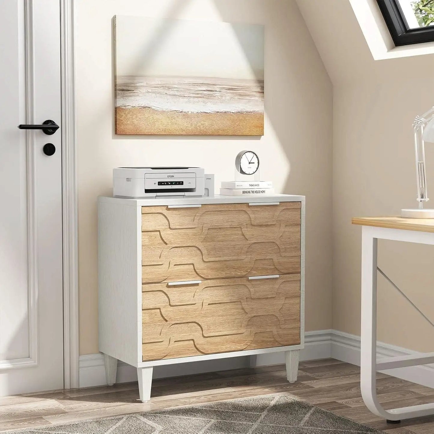 Two Drawer Lateral File Cabinet For A4 Letter And Legal Size Documents White And Walnut Printer Stand from PriceLows™