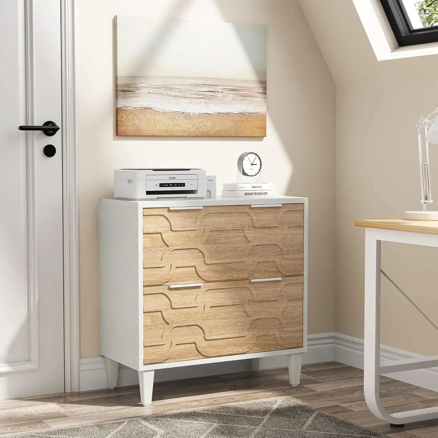 Two Drawer Lateral File Cabinet For A4 Letter And Legal Size Documents White And Walnut Printer Stand from PriceLows™