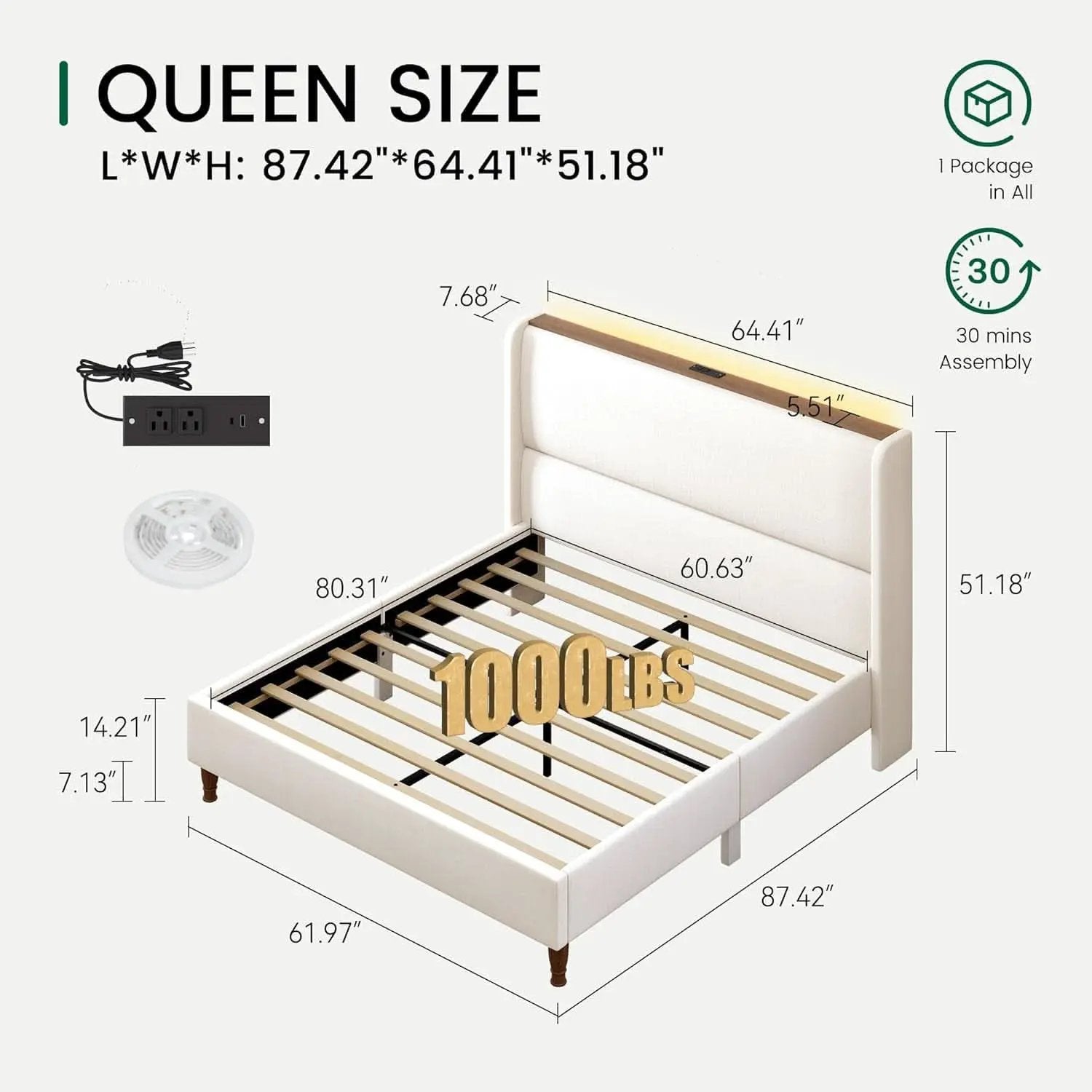 Queen Size Upholstered Bed Frame With LED Lights And USB from PriceLows™