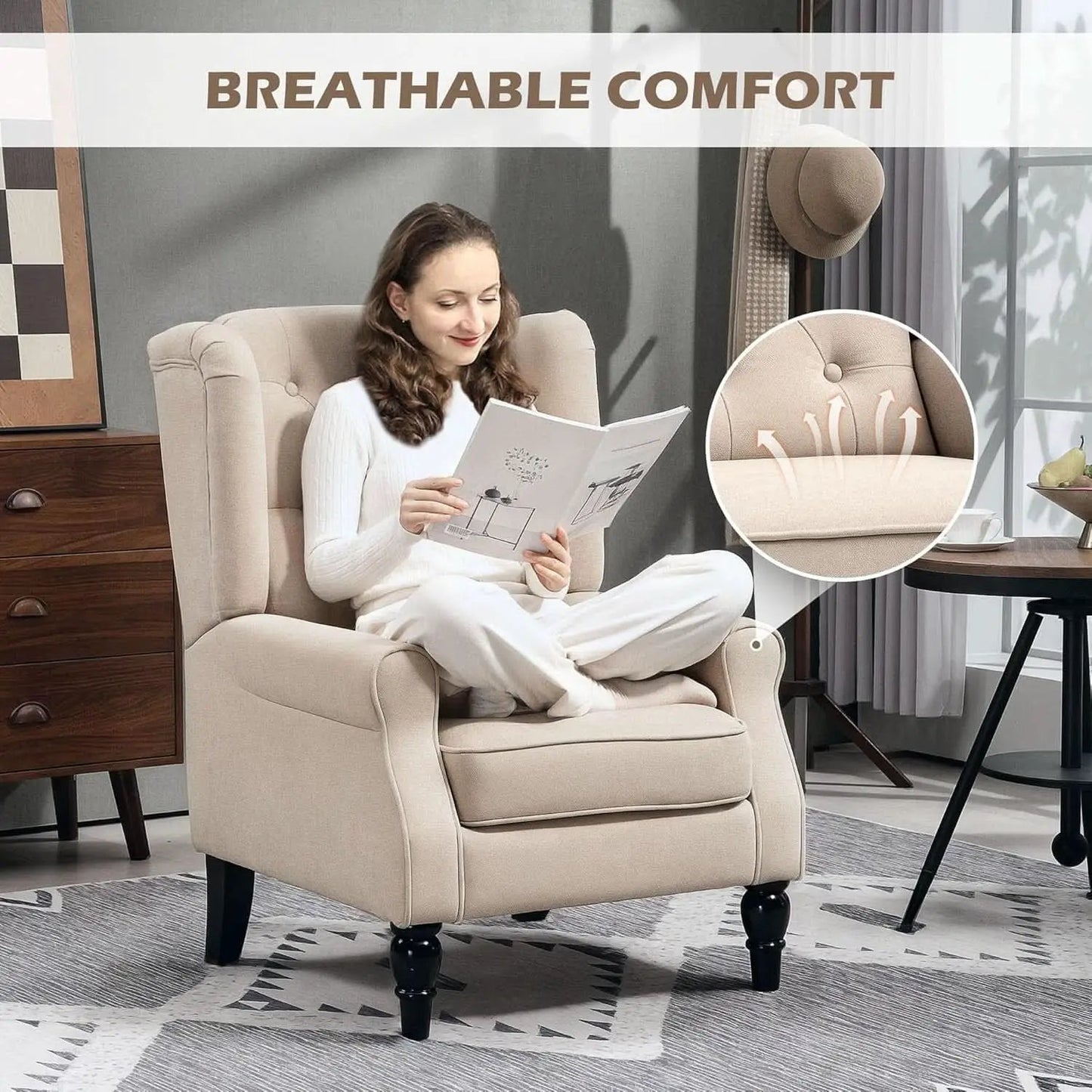 Beige Midcentury Button Tufted Wingback Upholstered Armchair from PriceLows™