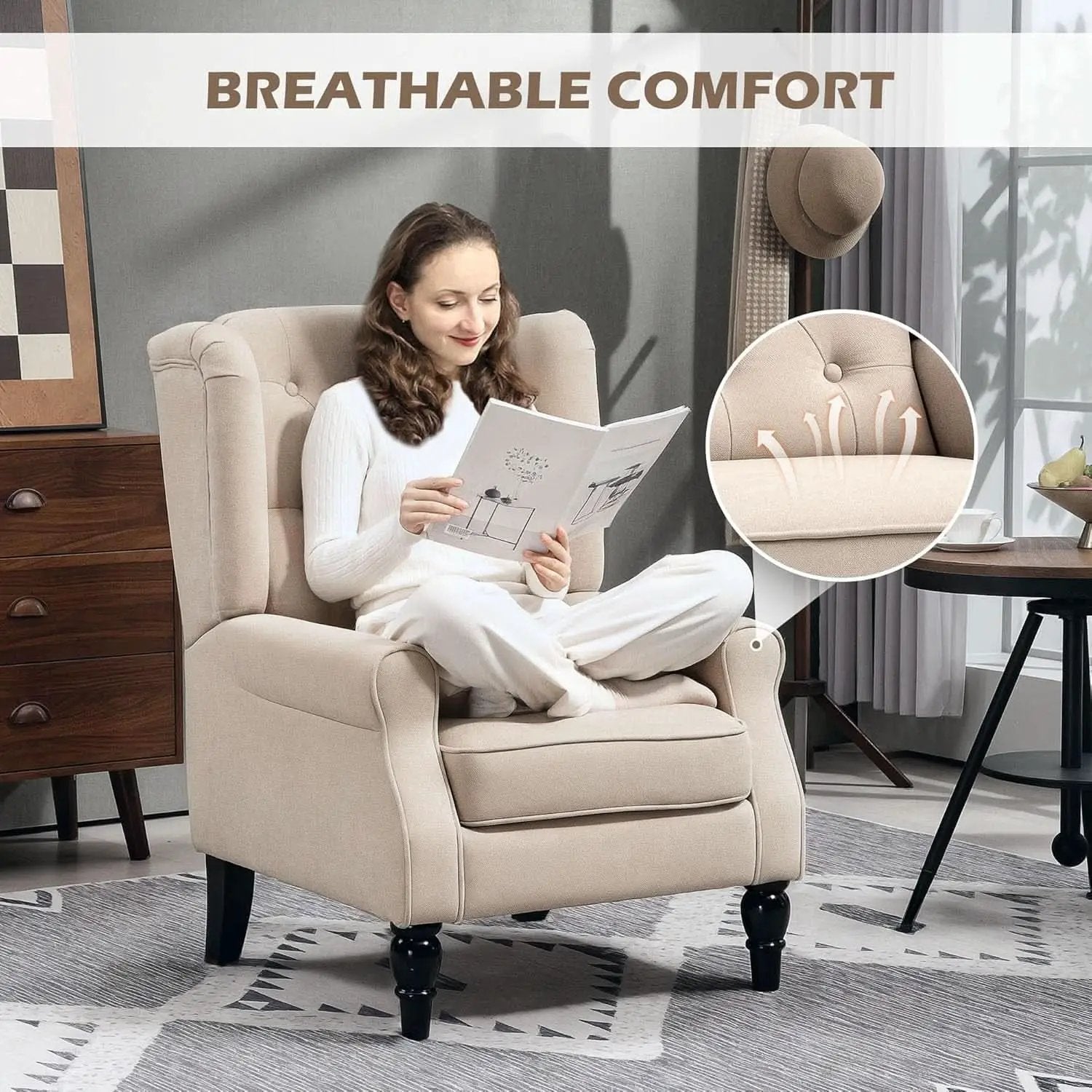 Beige Midcentury Button Tufted Wingback Upholstered Armchair from PriceLows™
